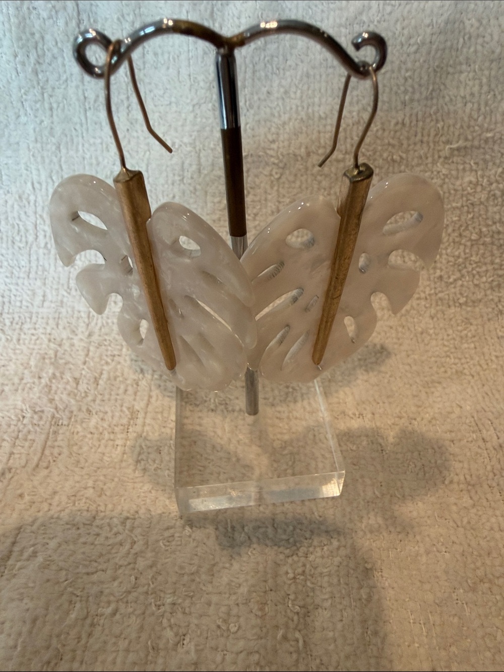 White Carved  Monstera Leaf Drop Earrings with Gold Accent
